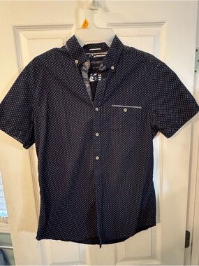 Denim & Flower Navy Short-Sleeve Button-Down with White Micro Dots